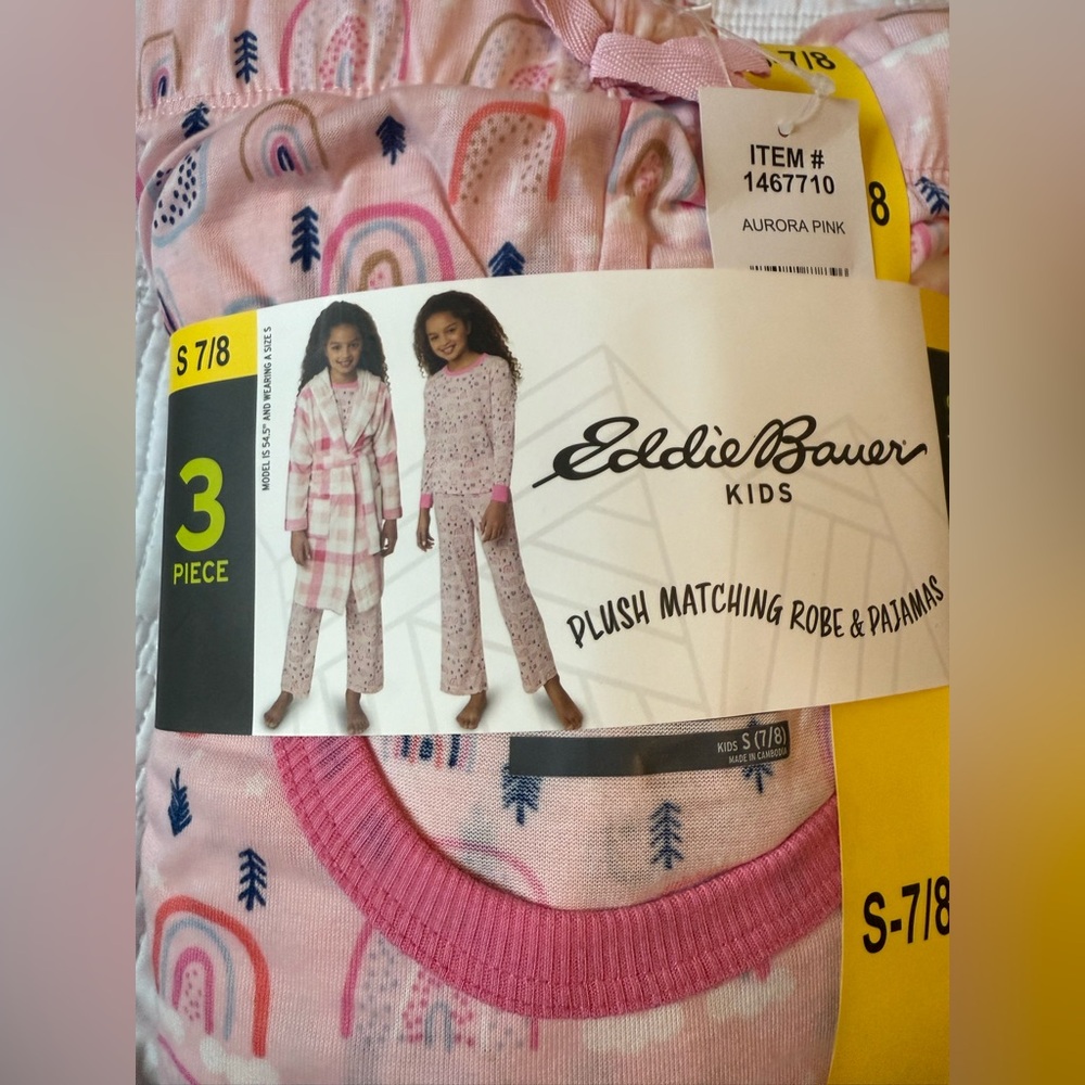 NWT Eddie Bauer Kids Aurora Pink Robe & Plush Pajama 3-piece Set sz Sm (7/8)